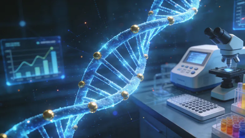 一张展示DNA双螺旋与一个警示感叹号结合的示意图