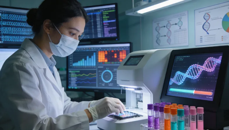 不同基因检测技术（NGS、FISH、PCR）的对比示意图