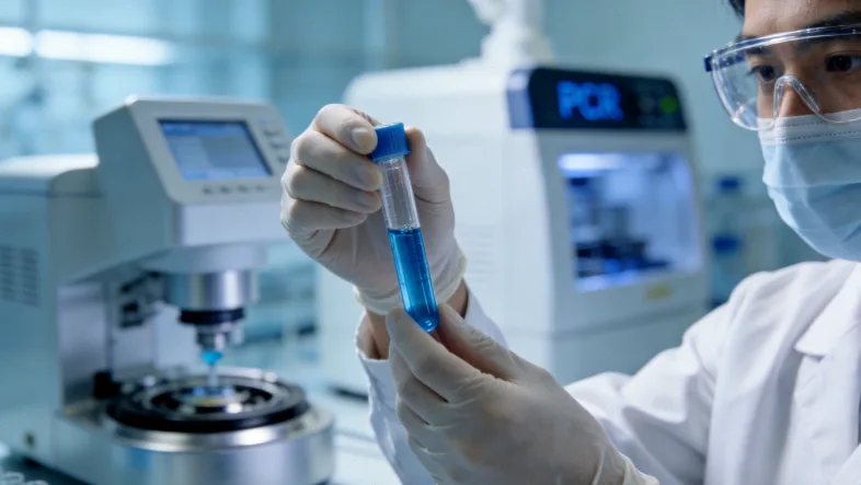 现代化基因测序实验室内部，工作人员操作精密仪器