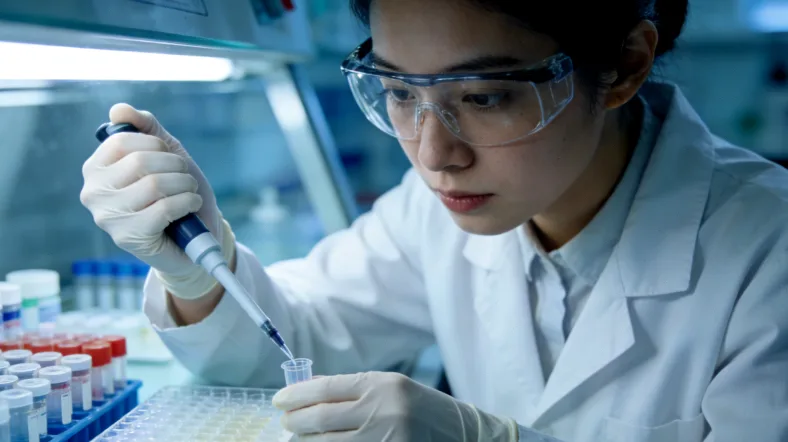 生物信息分析师在电脑前分析基因测序数据