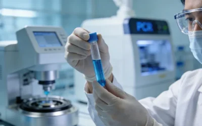 显微镜下的肿瘤细胞与基因链