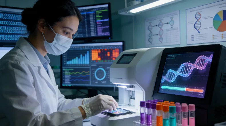 一位患者正在医生办公室查看基因检测报告