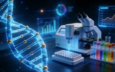 一位患者与医生对着检测报告讨论的温馨场景