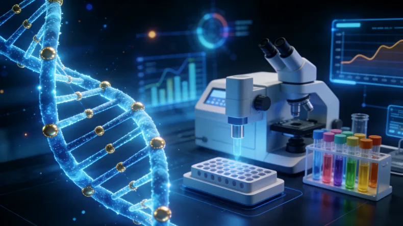 一位患者与医生对着检测报告讨论的温馨场景