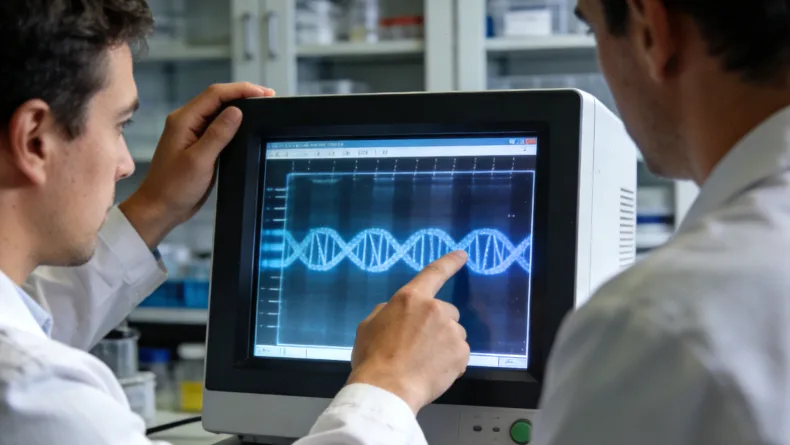 病理医生在显微镜下观察HER2免疫组化染色切片