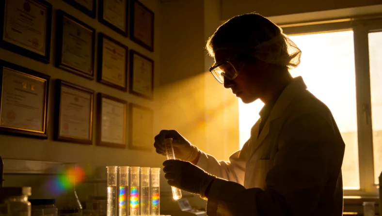 实验室人员手持装有血液的采血管,标签清晰。