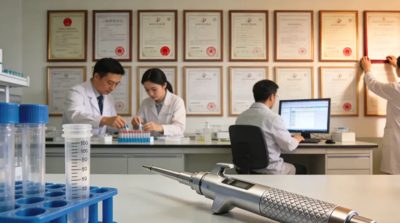 护士正在采集血液样本,桌上放着两管血样。