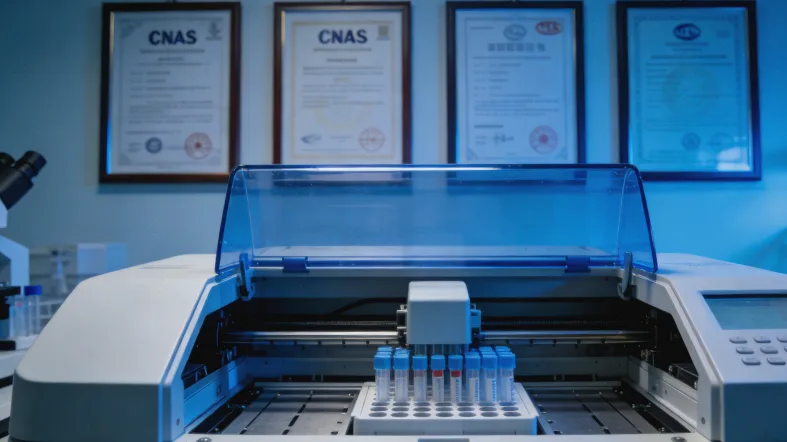 现代化NGS实验室内部，工作人员操作自动化设备的场景。