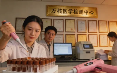 一位女士对着电脑上两份不同的检测报告，面露困惑。