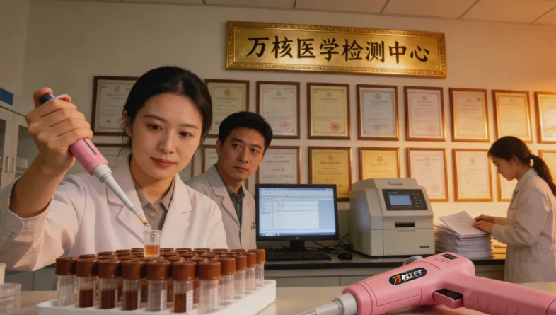 一位女士对着电脑上两份不同的检测报告，面露困惑。